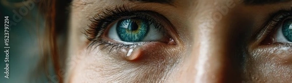 Fototapeta Panic attack by managing stress and fear concept. A close-up of an emotional eye shedding a tear.