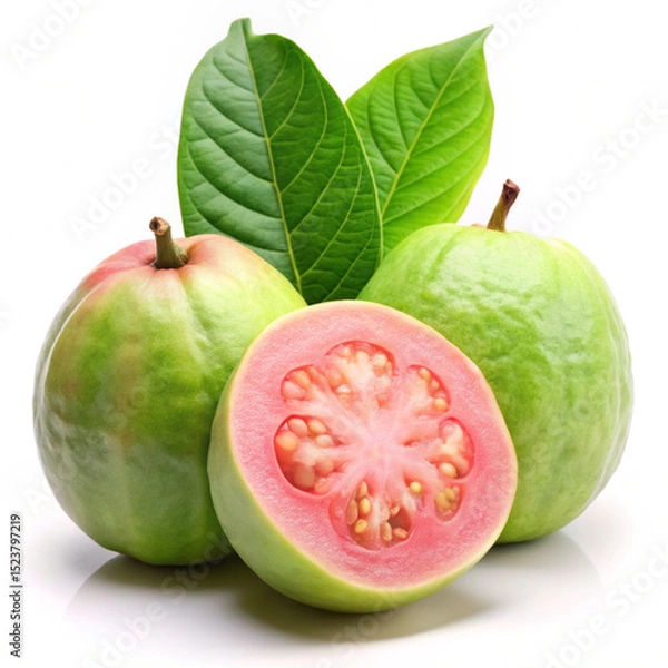 Obraz Fresh Guava Fruit with Green Leaves Isolated on Transparent Background PNG