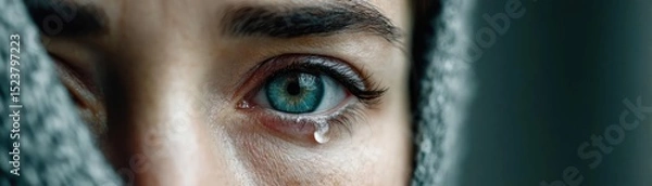 Fototapeta Panic attack by managing stress and fear concept. A close-up of a teary eye conveying deep emotions and vulnerability.
