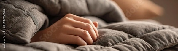 Fototapeta Anxiety disorder through stress healing and support concept. A close-up of a hand resting on a cozy, textured blanket.
