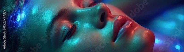 Fototapeta Mental wellness care on diagnosis, therapy and balance concept. Close-up of a serene face illuminated by colorful lights.