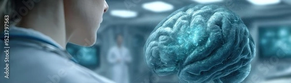 Fototapeta Panic attack by managing stress and fear concept. A scientist examines a glowing brain in a high-tech lab.