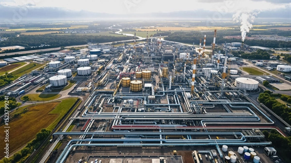 Fototapeta Aerial view of An oil refinery with pipes and tanks