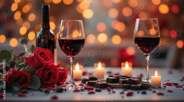 Fototapeta valentine day celebration with wine, roses, chocolate, and bokeh background