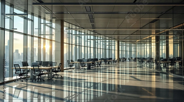Fototapeta Bright glass empty office with windows and workplaces