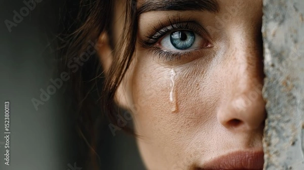 Fototapeta Anxiety disorder through stress healing and support concept. A close-up portrait of a woman expressing deep emotion and vulnerability.