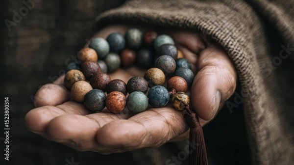Fototapeta Anxiety disorder through stress healing and support concept. A hand holding colorful prayer beads in a serene setting.