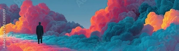 Fototapeta Anxiety disorder through stress healing and support concept. A solitary figure stands amidst vibrant, colorful clouds.