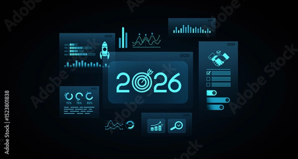 Obraz Futuristic 2026 target infographic with data charts, business growth icons, and analytics UI concept on dark digital interface background. 3D Rendering