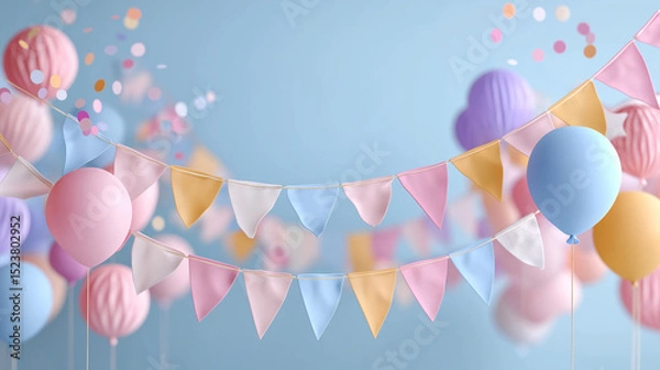 Fototapeta Festive decoration with flags, party streamers and confetti, blue  background