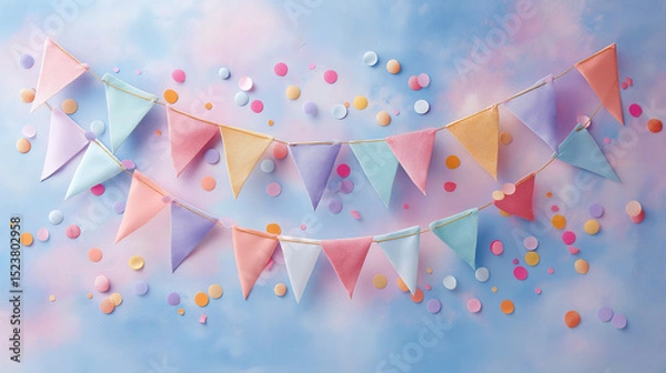 Fototapeta Festive decoration with flags, party streamers and confetti