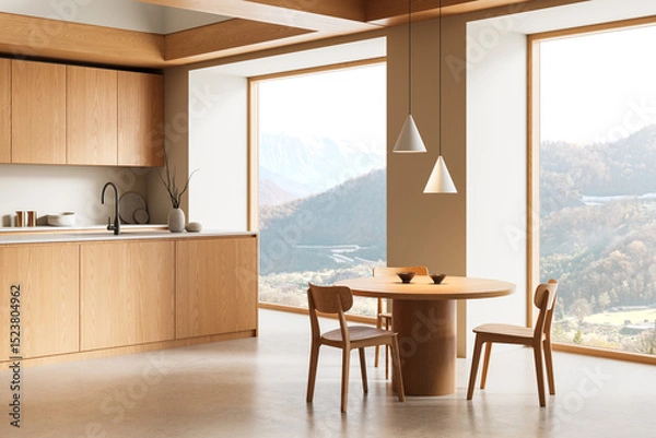 Fototapeta Minimalist wooden kitchen interior with round dining table and panoramic mountain view through large windows in natural light setting. 3D Rendering