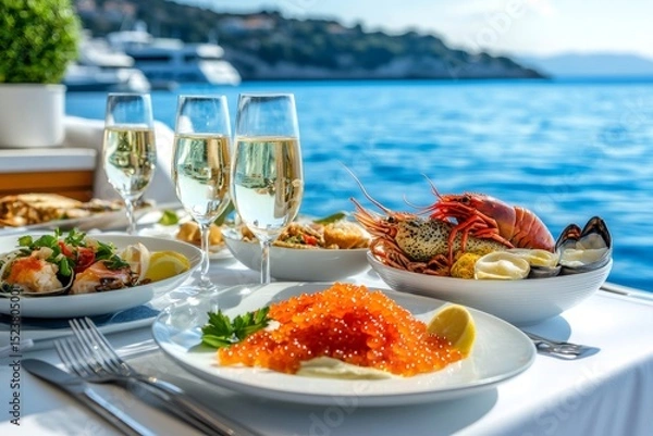 Obraz Luxurious seafood lunch with champagne on a yacht in the mediterranean sea