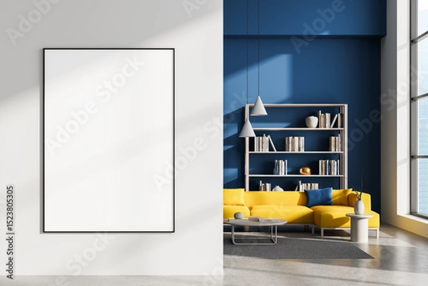 Fototapeta Blank poster mockup in stylish interior with yellow sofa, bookshelf, and blue accent wall in daylight modern living room space concept. 3D Rendering