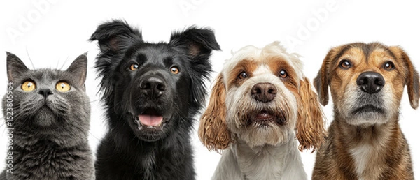 Fototapeta Group of domestic pets including cats and dogs looking up together, isolated on a Transparent background, PNG file.