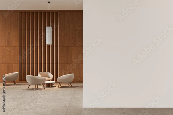 Fototapeta Modern interior with wooden panel wall, beige lounge chairs, pendant light, and large empty white wall for poster mockup or design template concept display. 3D Rendering