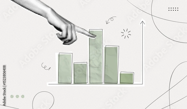 Fototapeta Trendy Halftone Collage Business and investment growth concept. Hand and market statistics chart. Finance business data graph. Trending upwards. Contemporary vector illustration art