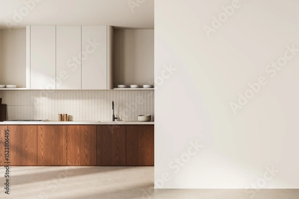 Fototapeta Modern kitchen interior with wooden cabinets and blank wall space for poster or design mockup on a neutral background. 3D Rendering. 3D Rendering