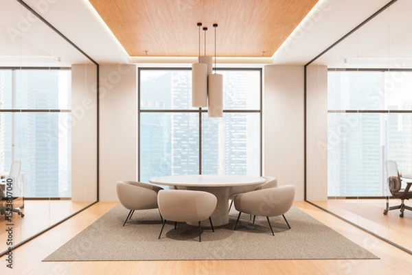 Fototapeta Modern office interior with round table and beige armchairs in glass-walled meeting room with city view and wooden ceiling design. 3D Rendering