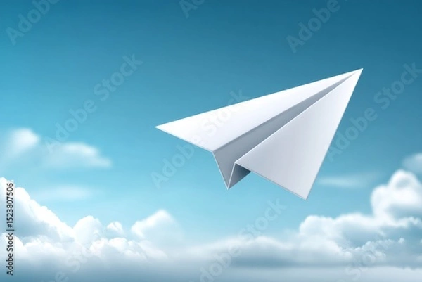 Fototapeta White paper airplane flying in blue sky with clouds, business and travel concept