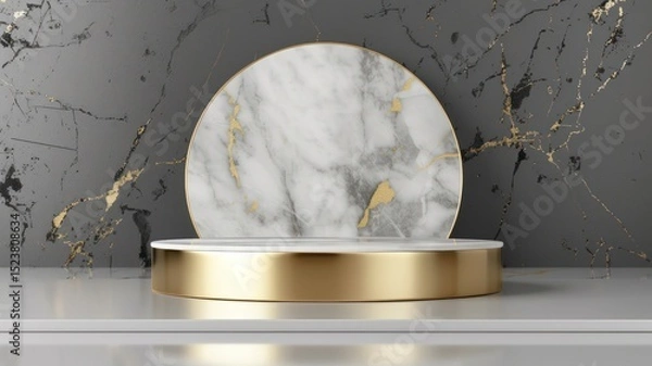 Fototapeta White Marble And Gold Cylinder Stage Podium On A Glossy Gray Background For Product Presentations on marble wall background.