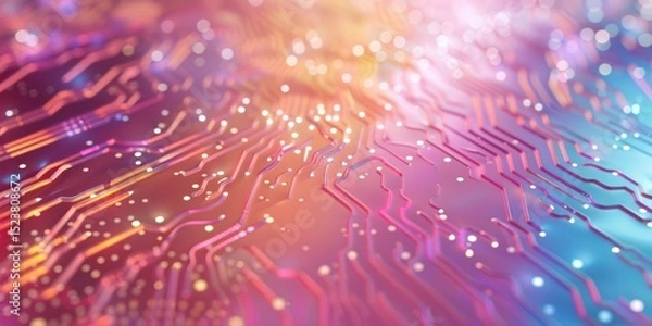 Fototapeta Cyber circuit board pink pastel color modern diagram structure wallpaper illuminated electricity data holographic close up shot.