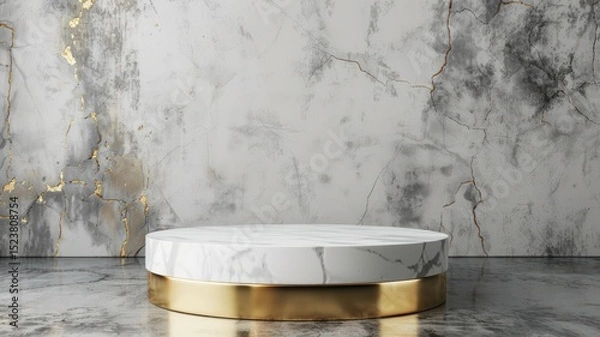 Fototapeta White Marble And Gold Cylinder Stage Podium On A Glossy Gray Background For Product Presentations on marble wall background.