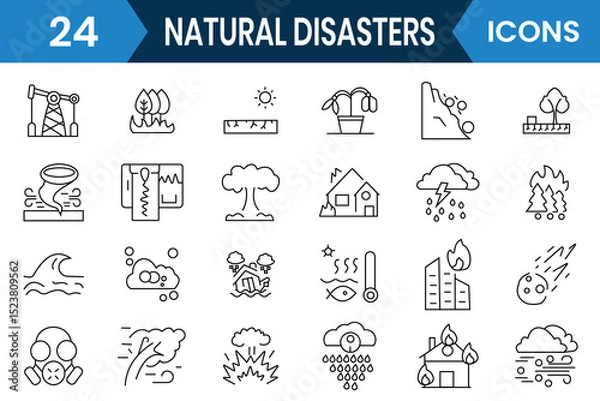 Fototapeta Natural disaster icon, vector set.  Natural pollution, earthquake, volcano, tsunami, desert, drought, disaster,  flood, tsunami editable stroke icons. Vector illustration.