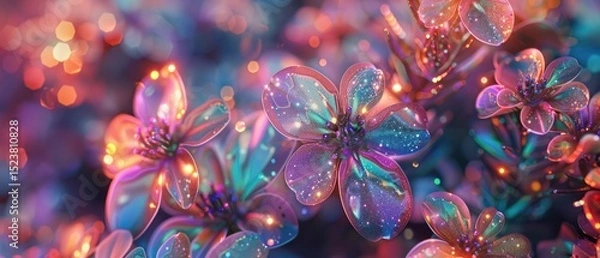Fototapeta flowers covered in petal glass holographic glitter illuminated sparkles iridescent hyper realistic photorealism elegance macro close up shot.
