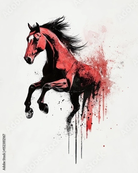 Obraz A Red Horse Leaps Through Abstract Watercolor Splashes