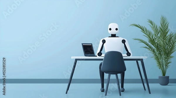 Fototapeta A humanoid robot sits at a desk with a laptop in a minimalist, modern room with a potted plant.