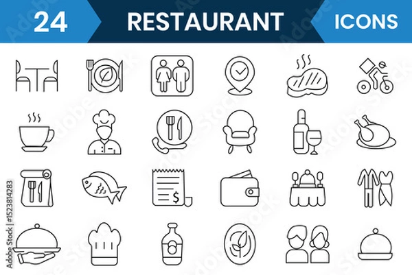 Fototapeta Restaurant icons set collection. Cooking icon, meal, menu, restaurant, food delivery, cafe, bistro line icon vector set. Vector illustration.