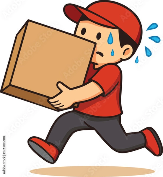 Fototapeta Delivery worker is running while carrying large cardboard box, showing effort and determination. character is wearing red cap and shirt