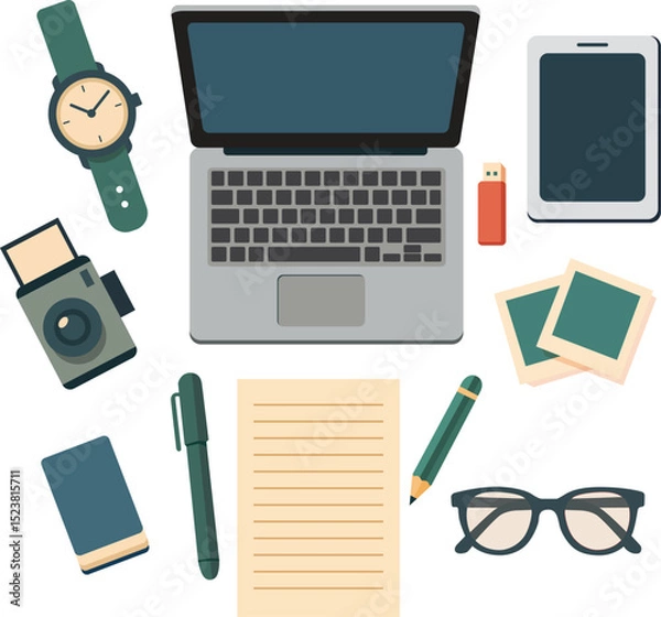 Fototapeta Workspace setup featuring laptop camera smartphone notebook pen glasses and watch creating productive and organized atmosphere