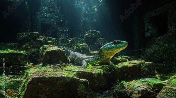 Obraz Golden snake in a jungle setting. AI.