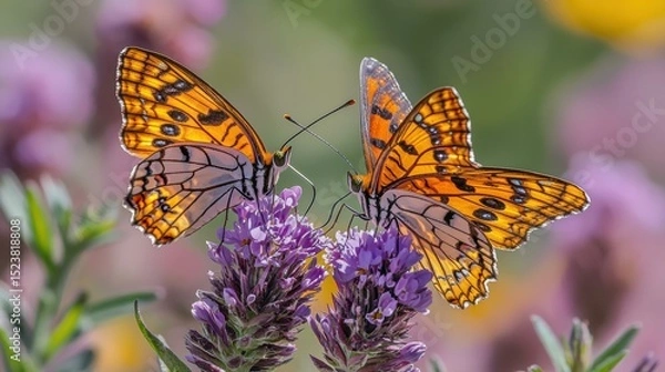 Obraz Butterflies and flowers in sunlight. AI.