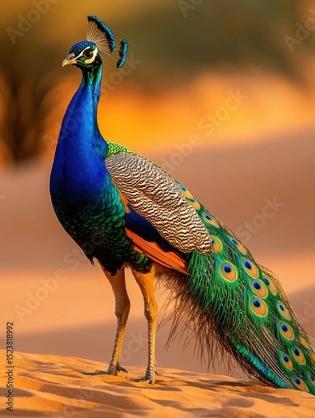 Obraz Beautiful peacock in the desert. AI.
