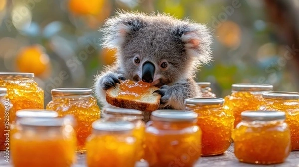 Obraz A koala eats a piece of bread with jam. AI.