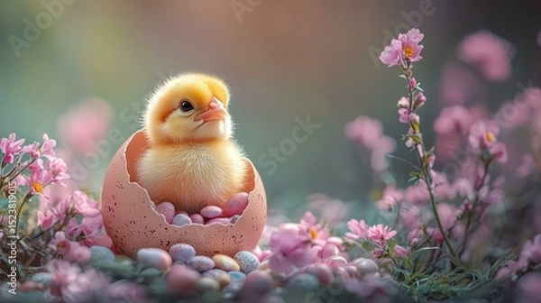Obraz Cute chick in a pastel egg. AI.