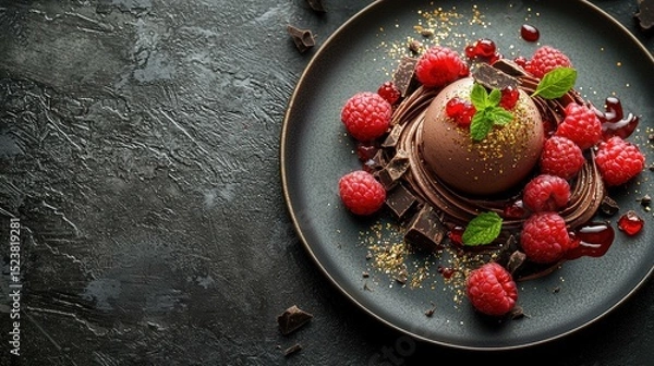 Obraz Chocolate sphere with gold flakes and raspberries. AI.