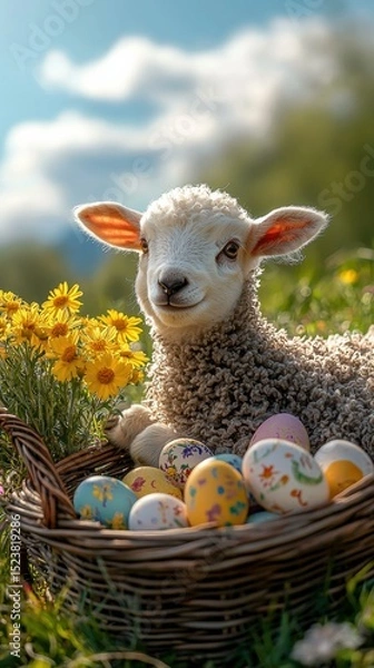 Obraz Cute lamb in a nest of colorful eggs. AI.