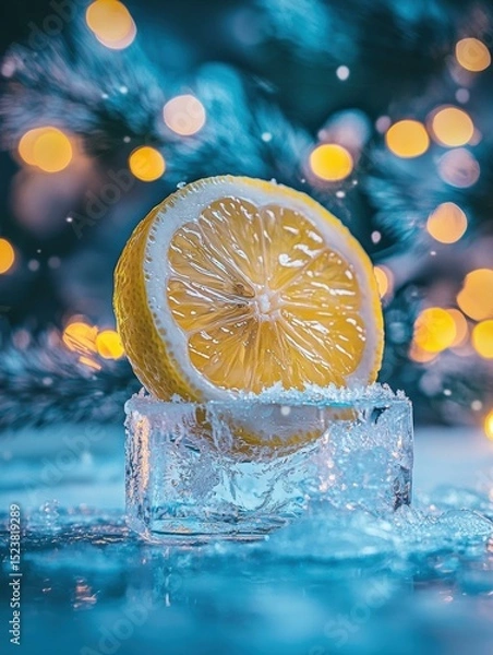 Obraz Fresh lemon slice on ice. AI.