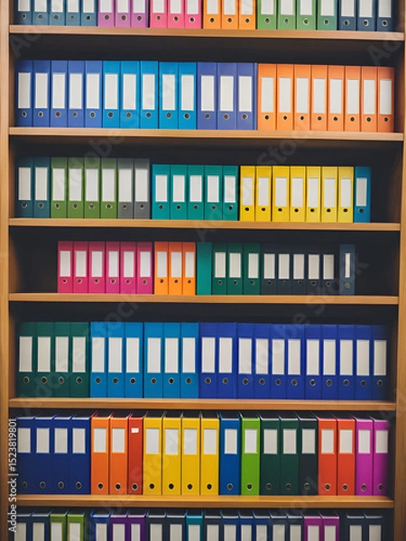 Obraz A bookshelf filled with variously colored binders, perfect for organizing and categorizing documents