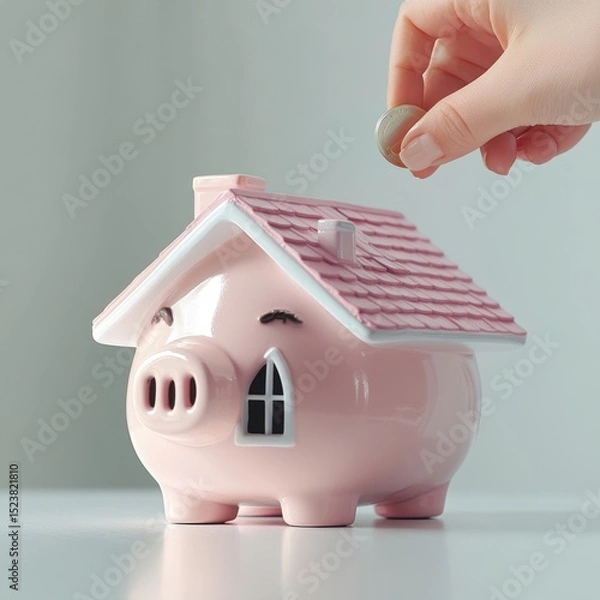 Fototapeta Hand Putting Coin in Piggy Bank House