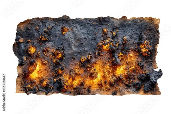 Fototapeta Fire-burned document paper with glowing embers and blackened edges, high contrast, isolated on a Transparent background, PNG file.