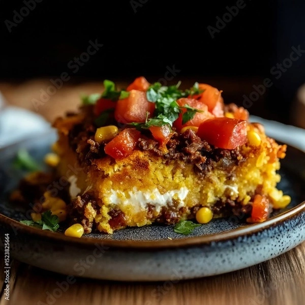Fototapeta Slice of Tamale Pie with Toppings