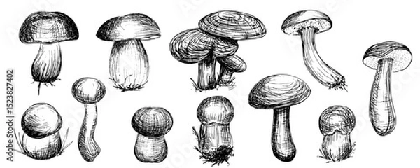Fototapeta Set of vector illustrations of edible mushrooms. Boletus, birch boletus, moss boletus. Hand-drawn food illustrations. Sketches of forest plants. Perfect for recipes, menus, and packaging.