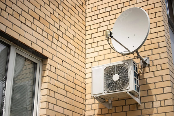 Obraz Satellite dish and air conditioning unit mounted on exterior wall of brick building during sunny afternoon