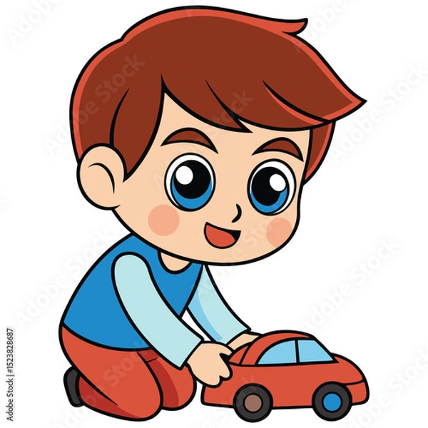 Fototapeta create a cute boy playing with car toy vector in white background