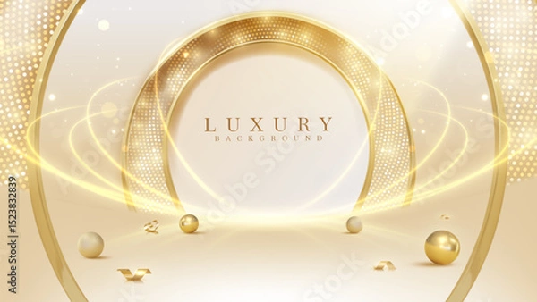 Fototapeta Cream luxury background with gold frame, ribbon and ball with disco light scene decoration. Vector illustration design suitable for product promotion backdrop element or award ceremony.